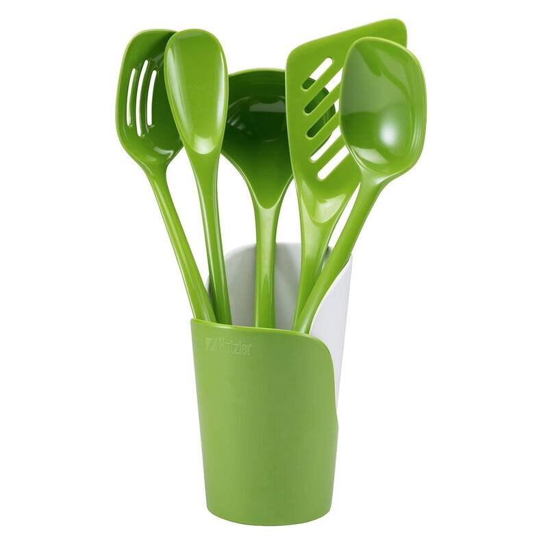 Hutzler 6-piece Melamine Cooking Utensils Set, Includes 5 Cooking Tools and a Storage Crock - Green