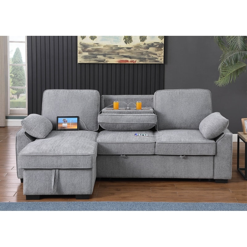 Mackenzie 91"W Chenille Fabric Reversible Sleeper Sectional with Storage Chaise, Drop-Down Table, Cup Holders & Charging Ports