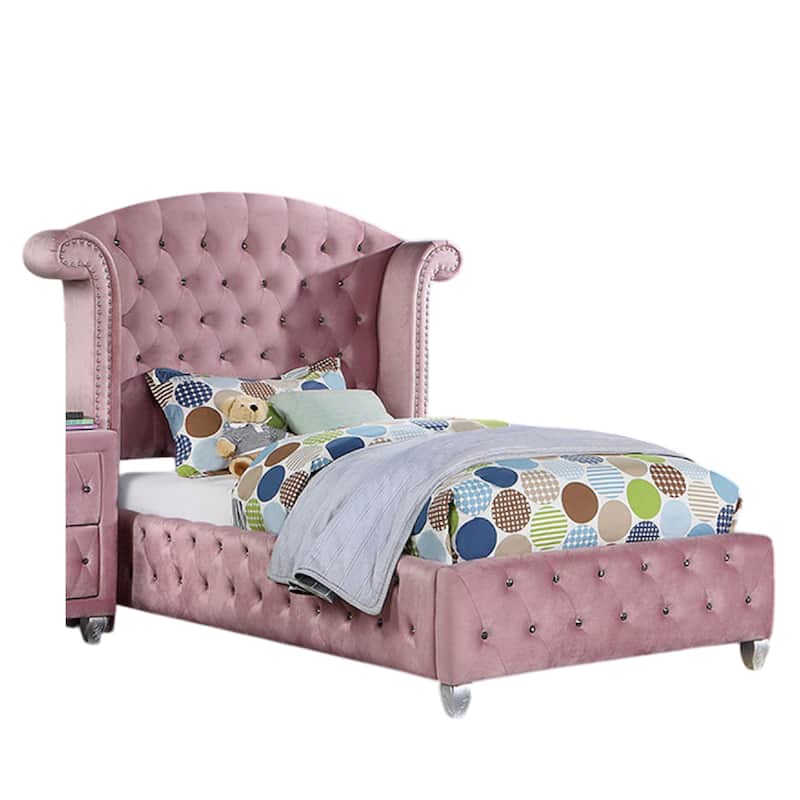 Zoha Twin Size Bed w Wingback Tufted Headboard, Cabriole Legs, Pink