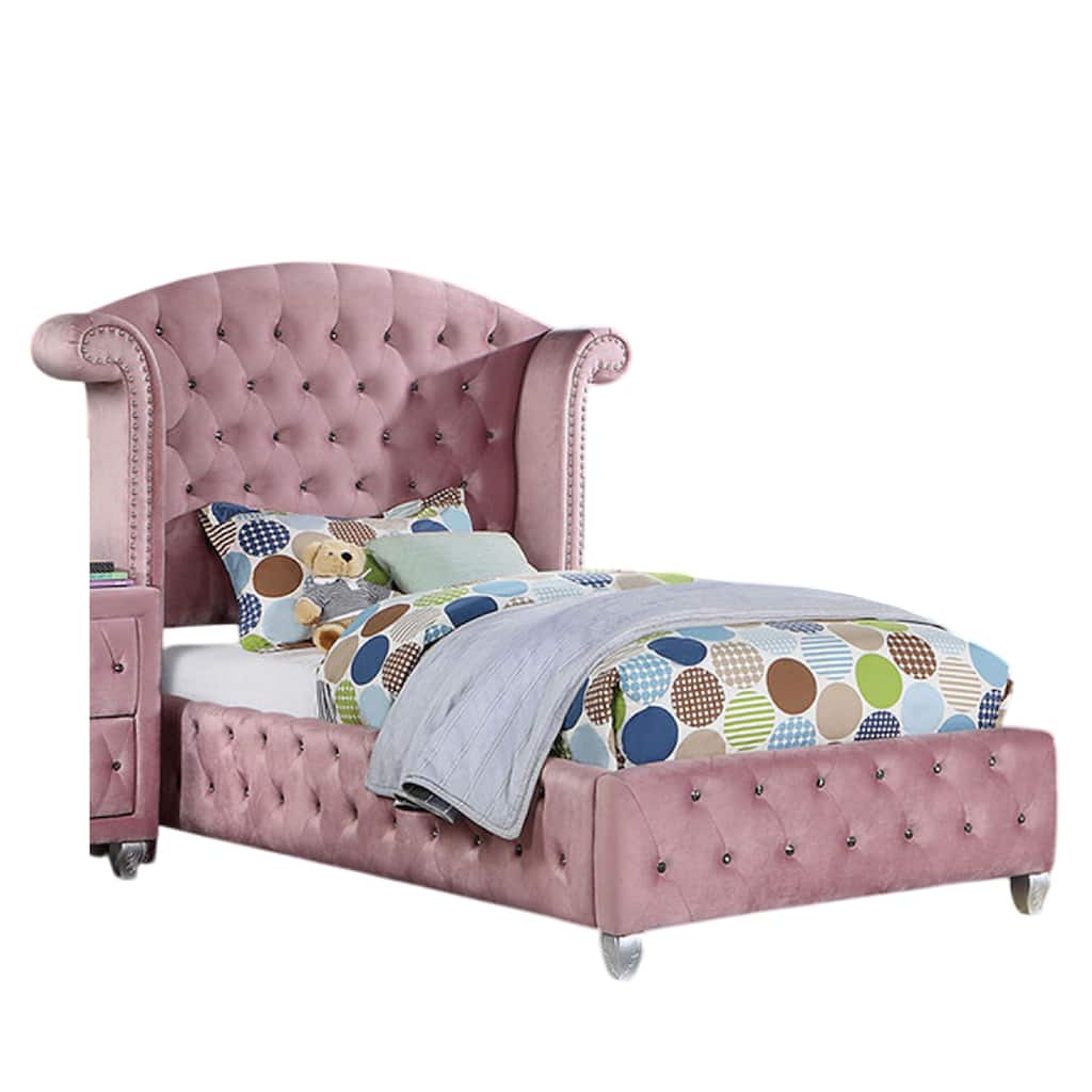 Zoha Twin Size Bed w Wingback Tufted Headboard, Cabriole Legs, Pink