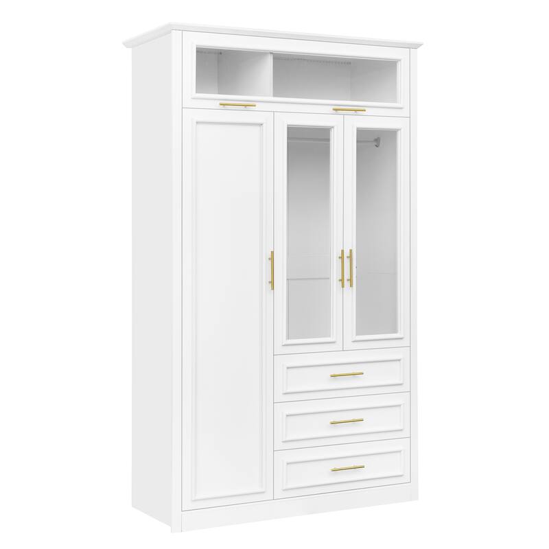 3 Door Wardrobe Built-in LED Light Clothes Storage Cabinet / 3 Drawers White Armoire Closet