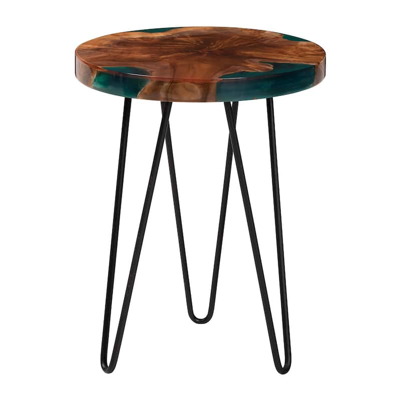 Anan Teak Wood Epoxy Resin End Table - Round Live Edge Side Table with Black Metal Legs, Handcrafted Modern Rustic Accent Table - Natural Brown/Green