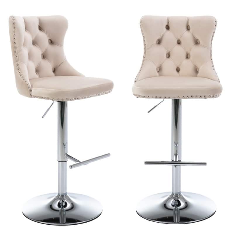 Velvet Upholstered Nailheads Tufted Swivel Bar Stools (Set of 2)