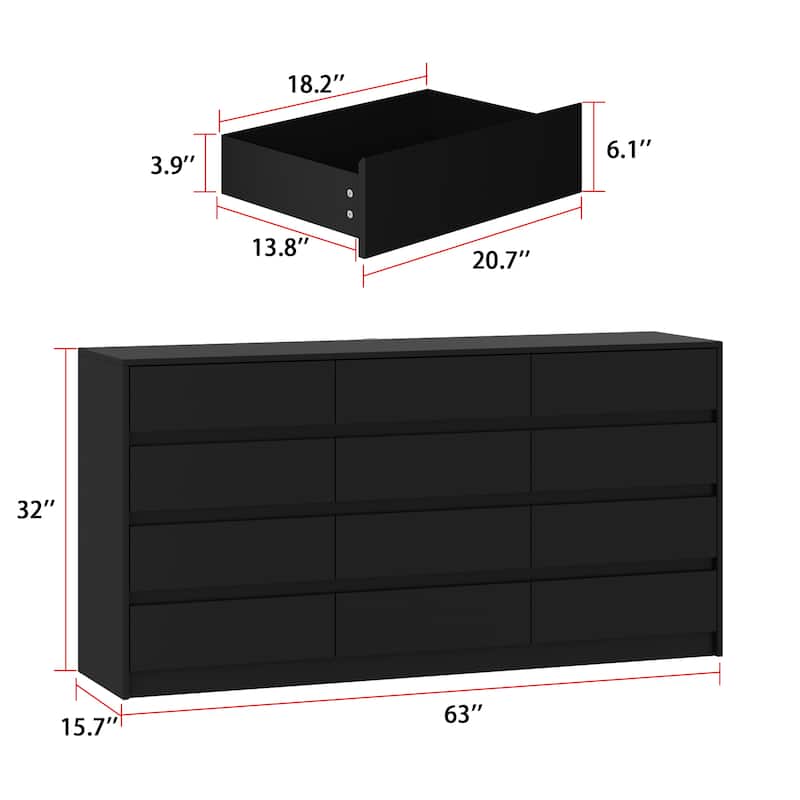 12 Drawers Dresser for Bedroom Chest of Drawers Black Triple Dresser