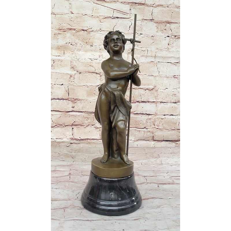 Young Child Saint Carrying Cross Religious Christianity Bronze Sculpture Statue