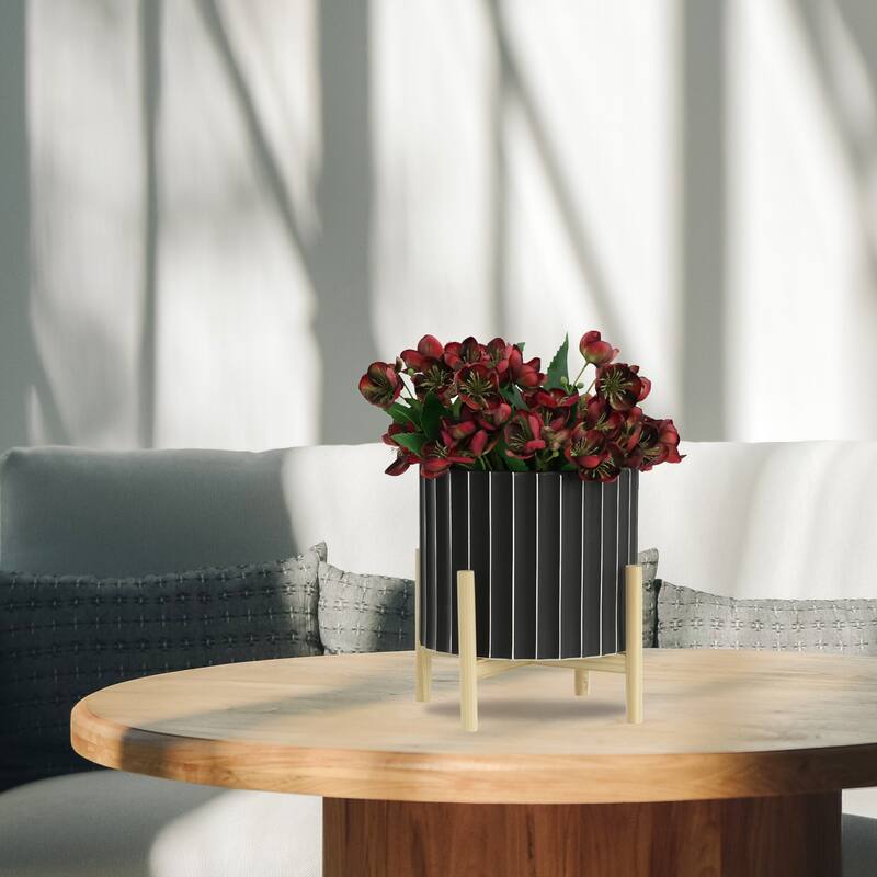 Ceramic Fluted Planter with Wood Stand - Black