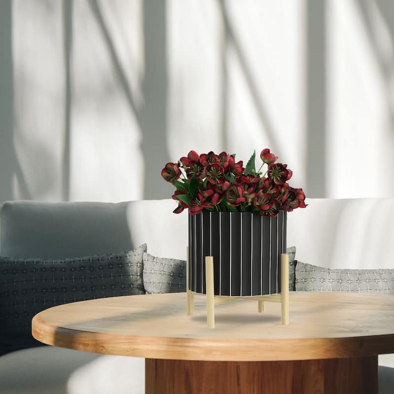 Sagebrook Home Black and Striped Planter with Wooden Base