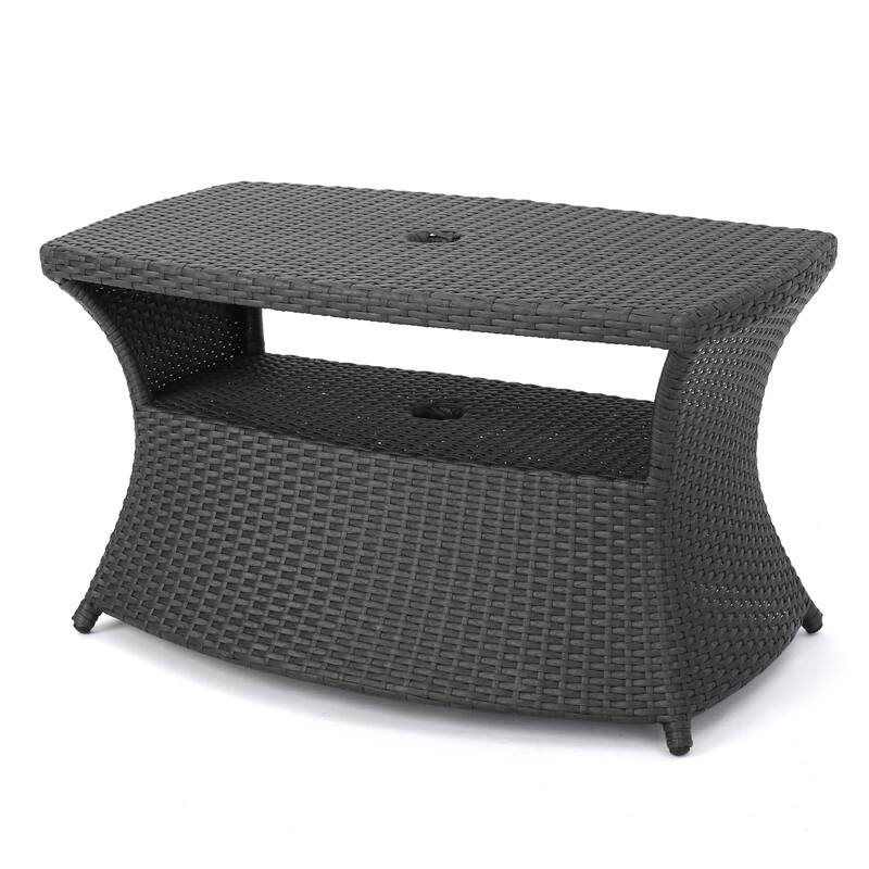 Roomfitters Berkeley Outdoor Wicker Chaise Lounge Side Table with Umbrella Holder and Serving Shelf