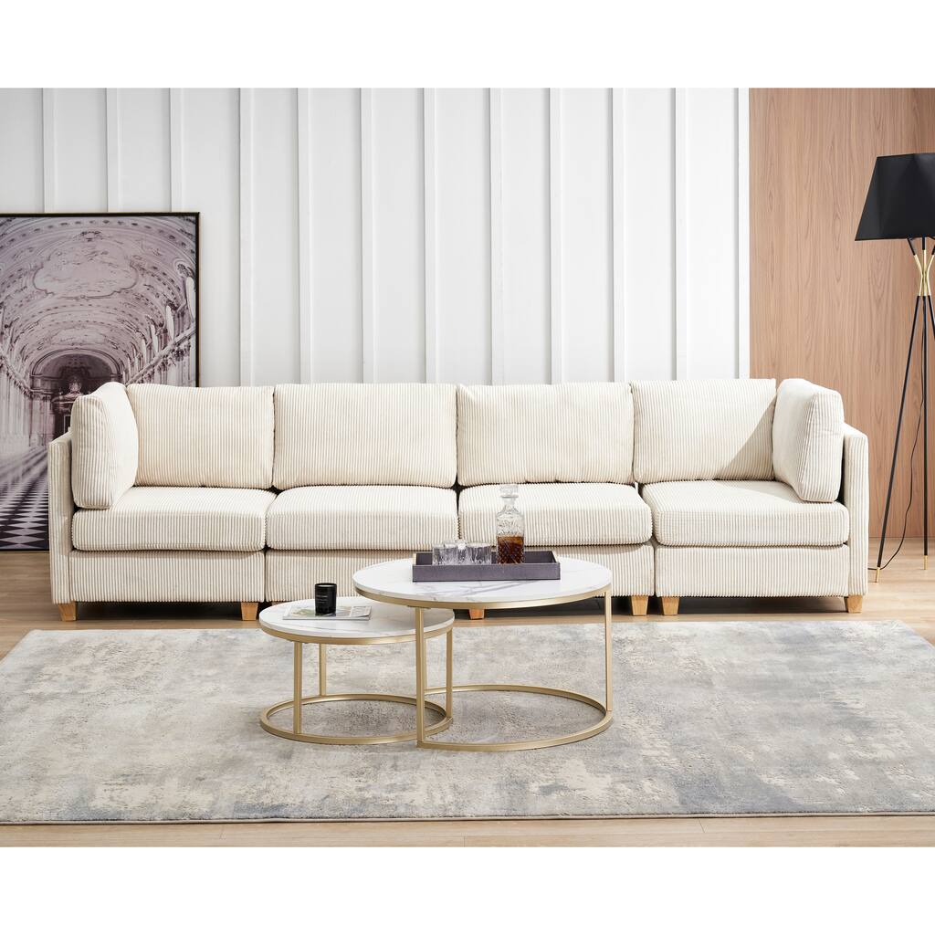 Convertible L Shape Sofa Corduroy Fabric Comfortable Padded Sectional Sofa