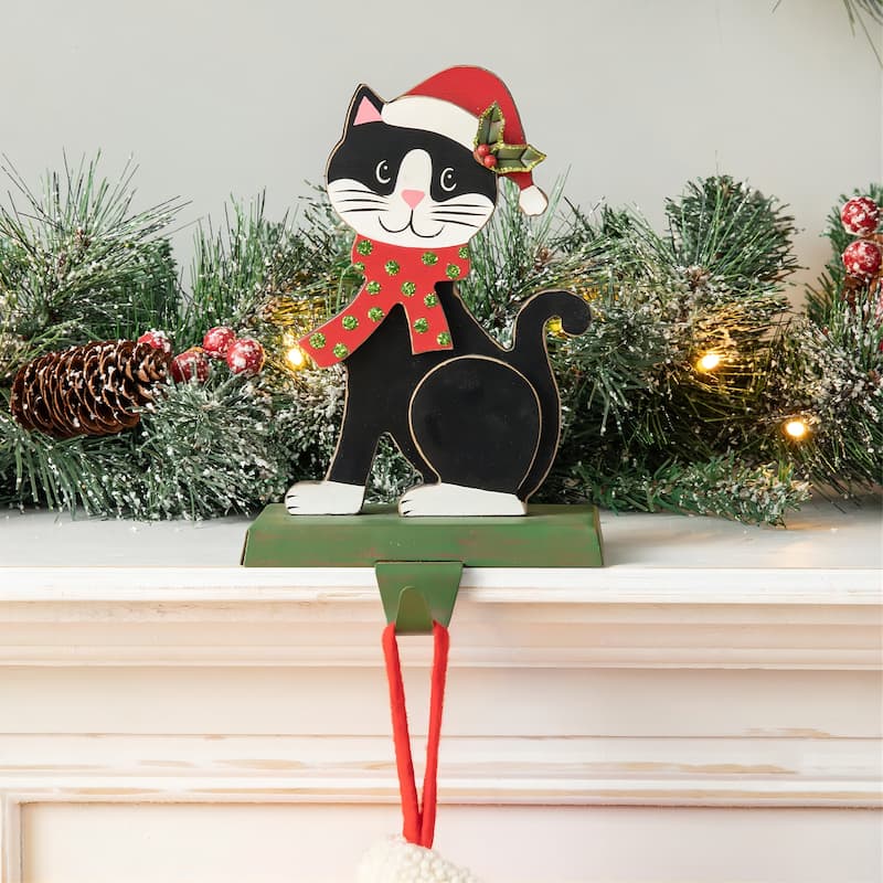 Glitzhome 7.75" H Christmas Wooden/Metal Animal Stocking Holder, Dog, Cat for Mantel Ornament - 7.50"h - Cat