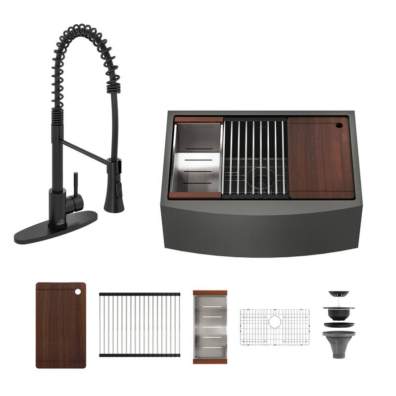 Farmhouse/Apron-Front Nano PVD Gunmetal Black Stainless Steel Workstation Kitchen Sink with 2-Function Faucet and Accessories