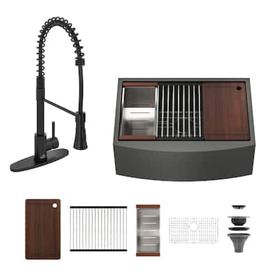 Farmhouse/Apron-Front Nano PVD Gunmetal Black Stainless Steel Workstation Kitchen Sink with 2-Function Faucet and Accessories