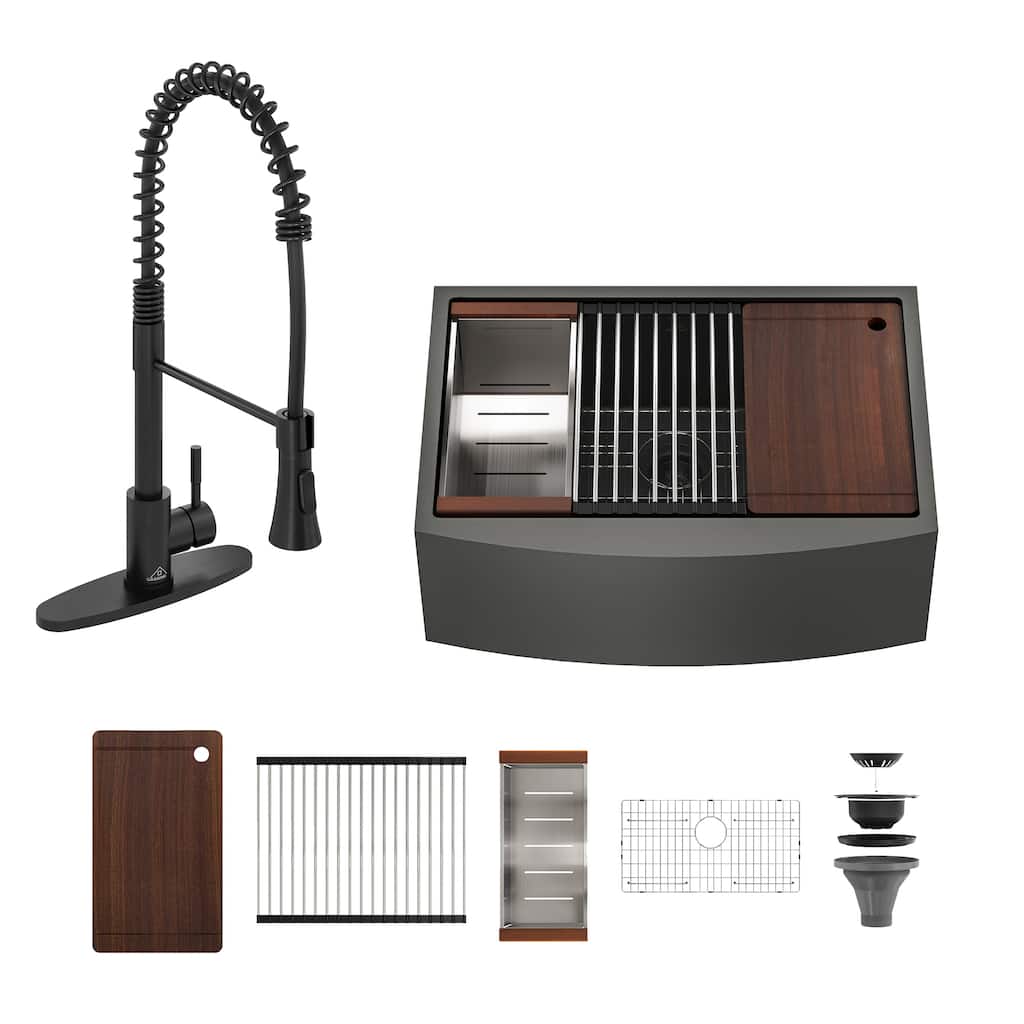 Farmhouse/Apron-Front Nano PVD Gunmetal Black Stainless Steel Workstation Kitchen Sink with 2-Function Faucet and Accessories