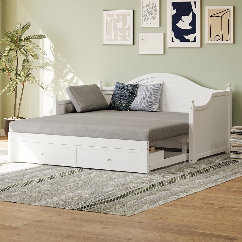 Twin Size Wood Daybed with Pull-Out Trundle, Extendable Sofa Bed with 2 Storage Drawers, Modern Platform Bed Frame