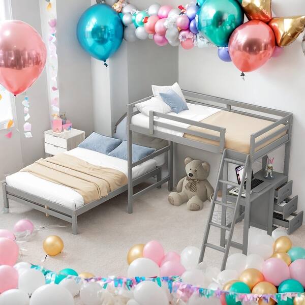 slide 2 of 42, Twin Over Full Bunk Bed With Built-in Desk And 3 Drawers for Bedroom Grey