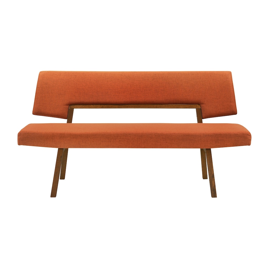 Yumi 63 Inch Dining Bench, Seat and Back with Orange Fabric, Walnut