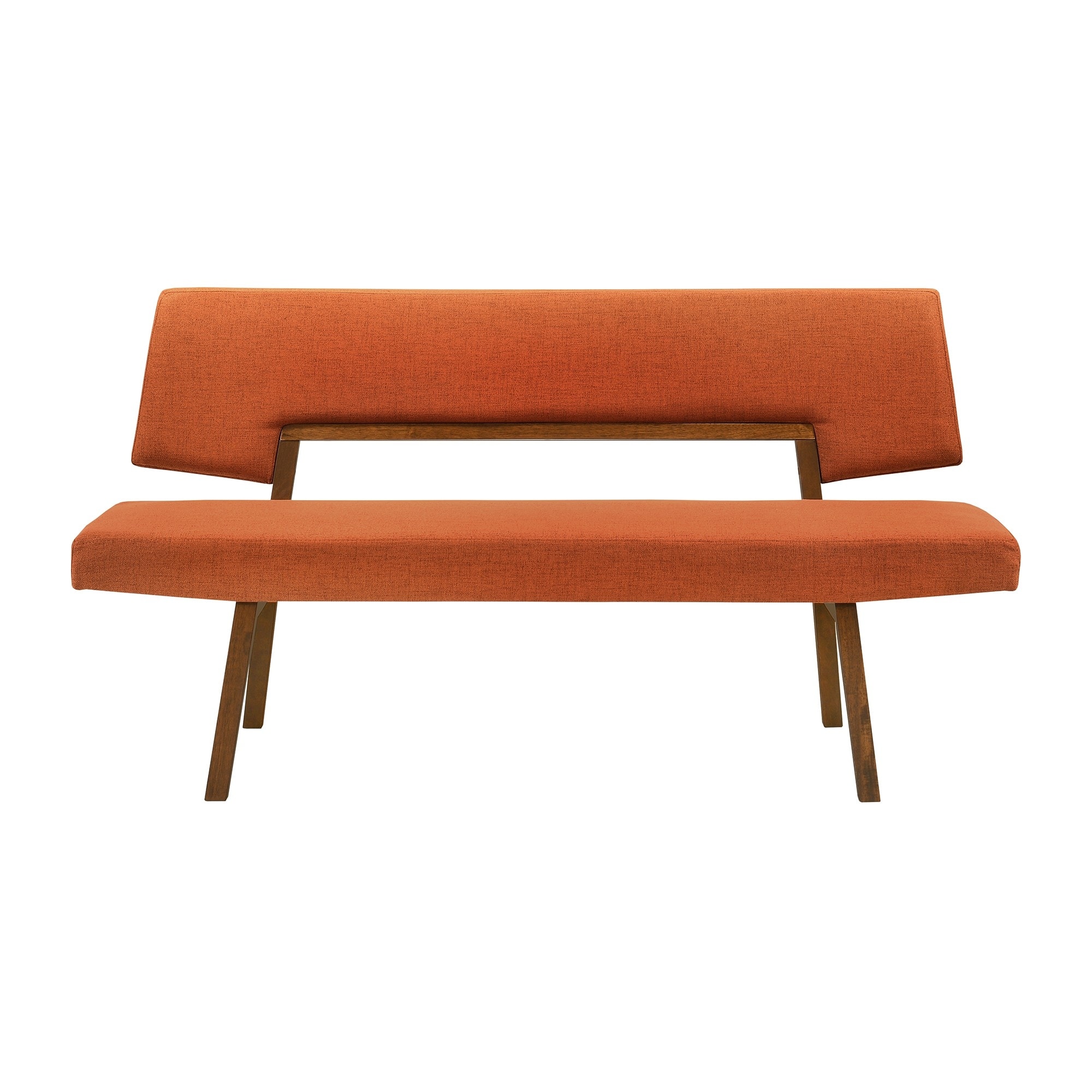 Yumi 63 Inch Dining Bench, Seat and Back with Orange Fabric, Walnut