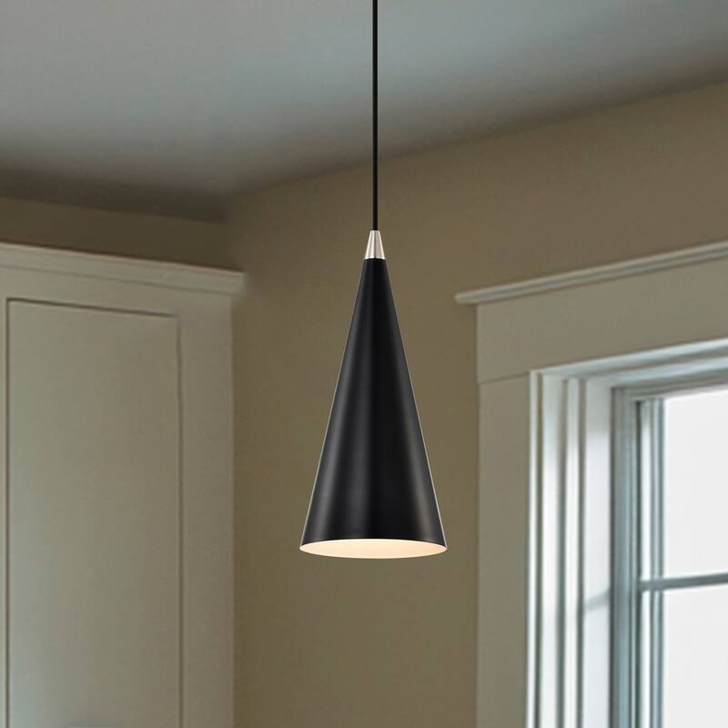 1-Light Matte Black and Brushed Nickel 6 in. Mini Pendant Light with Cone Metal Shade