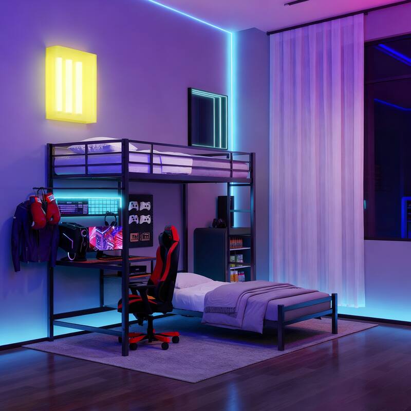 Bunk Bed, Twin Over Twin with L-Shaped Desk, Storage Shelves & Drawers, Safety Guardrail & Ladder, Ambient Lighting