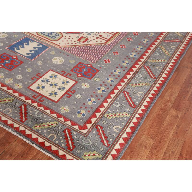 Hand Knotted Oriental 100% Wool Carpet Traditional Medallion Greys & Charcoal Kazak Area Rug - 9' 3'' X 8' 3''