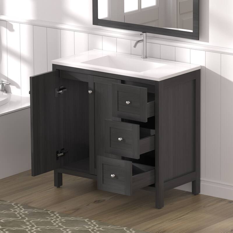 35.5" Modern Munich Black Bathroom Vanity‌ – Includes Basin, Soft-Close Doors & 3 Storage Drawers - 35.5" - Black - 35.5" 