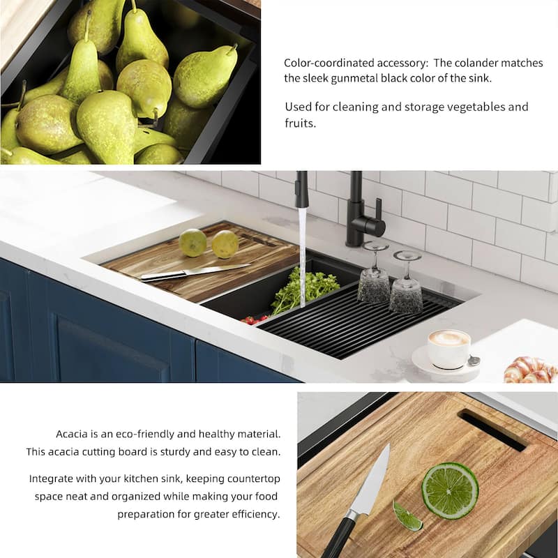 33 inch Upgrade Black Doubel Bowl Undermount Workstation Stainless Steel Sink, 18 Gauge Single Bowl Stainless Steel