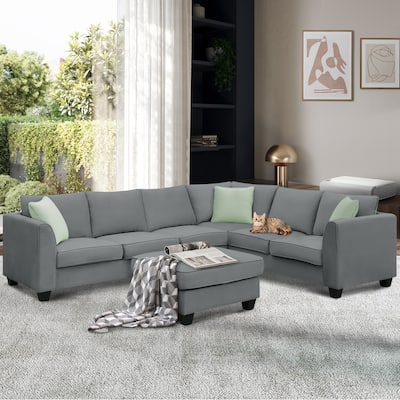 Modular Sectional Sofa with Ottoman L-Shape Fabric Sofa Corner Couch Set with 3 Pillows