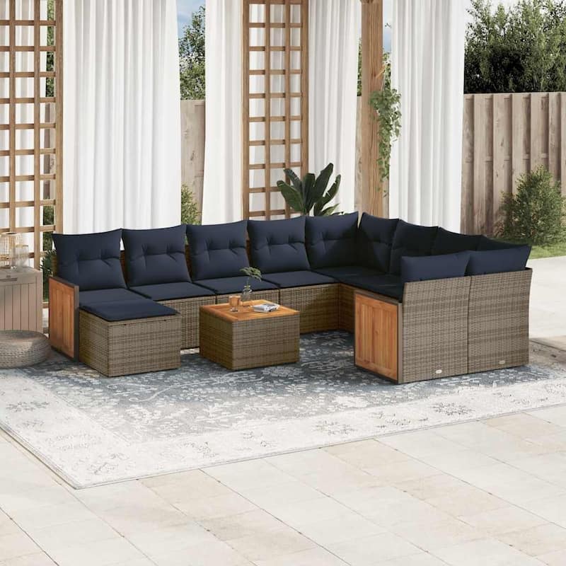 vidaXL 11 Piece Patio Sofa Set with Cushions Black/Gray Poly Rattan - 21.7 x 24.4 x 27.2 - Gray