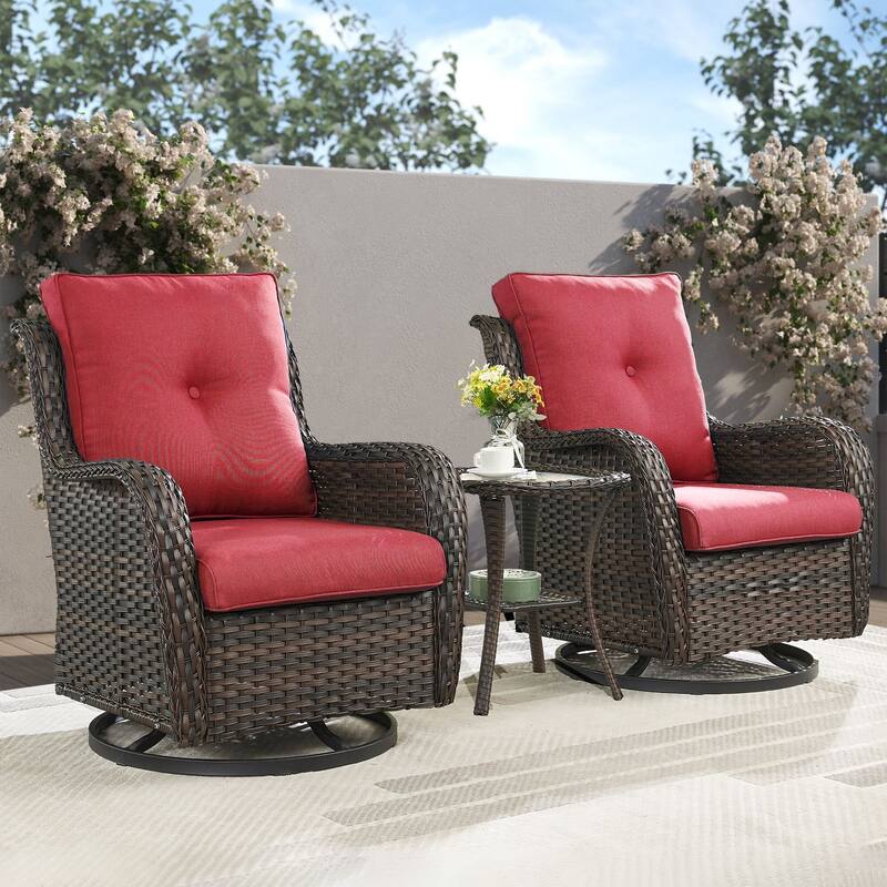 Gymojoy Wicker Swivel Glider Chair with Water-Resistant Olefin Cushions - 3-Piece with Side Table - Brown Wicker / Red Cusion