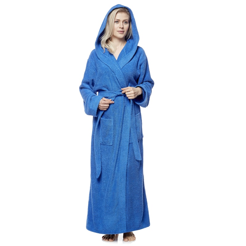 Women's 6 Tracks Stitching Full Length Hooded Turkish Cotton Bathrobe - Small - Royal Blue