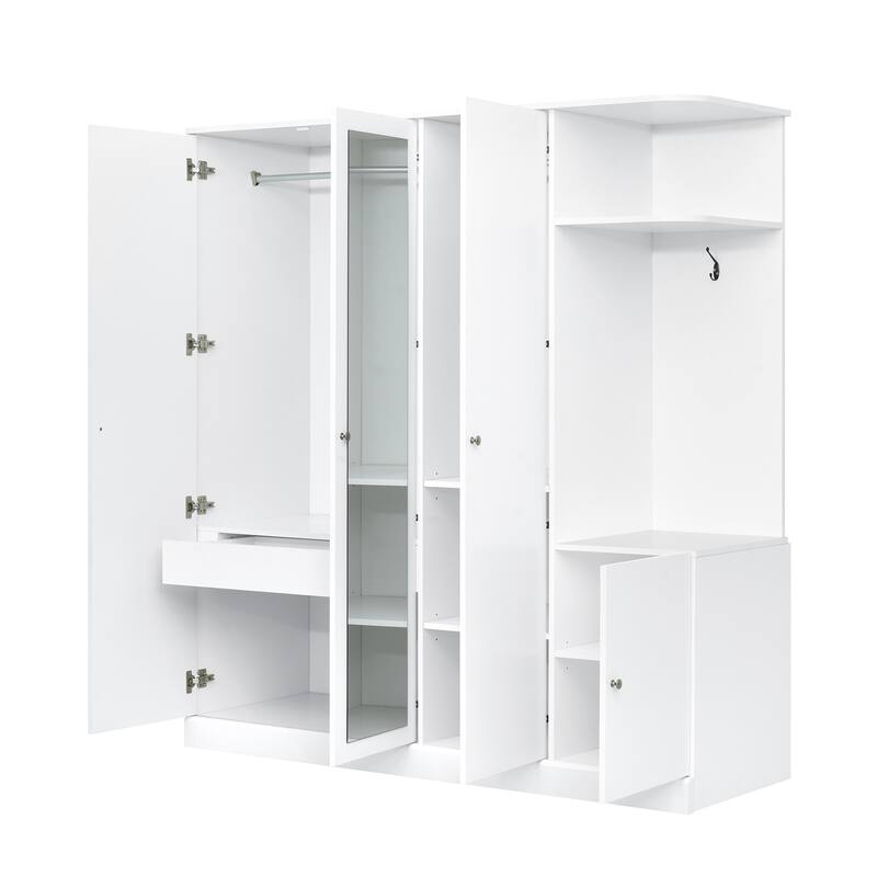 Mirrored Wardrobe Closet 4 Door Wooden Wardrobe with Drawers Large Armoire Closet with Open Storage Space