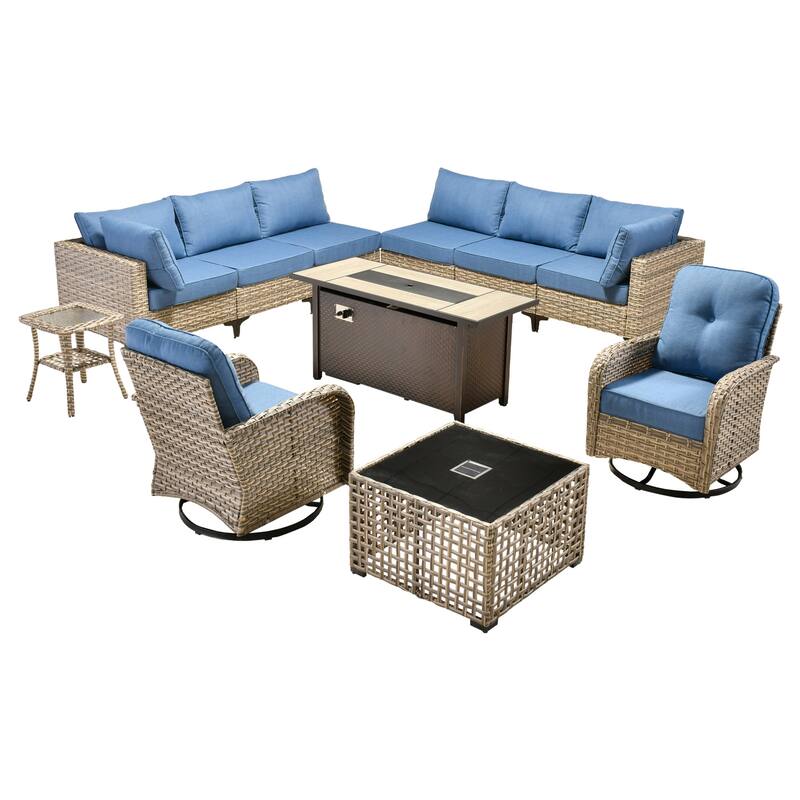 OVIOS 11 Pieces Outdoor Wicker Swivel Chair Set With Fire Table