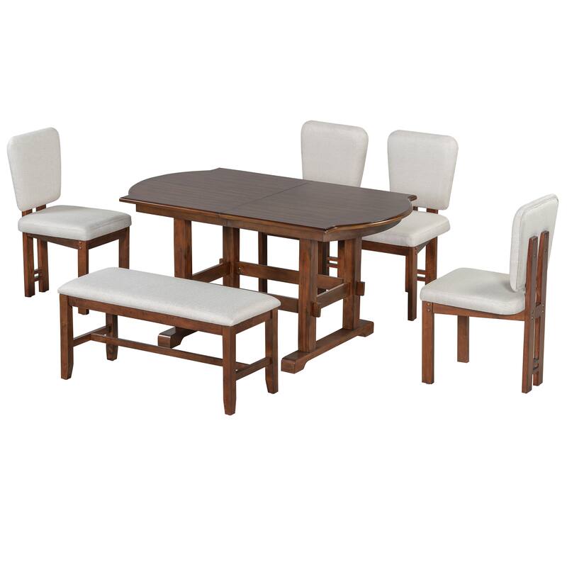 Roomfitters 6-Piece Extendable Wood Dining Table Set, 78" Kitchen Table with 18" Leaf, Bench and 4 Chairs, Espresso & Beige