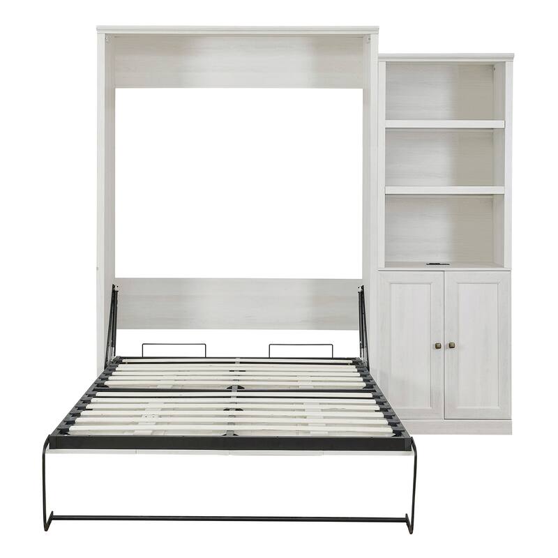 Half Self-Close and Open Murphy Bed with 2 Side Cabinet Storage Shelf