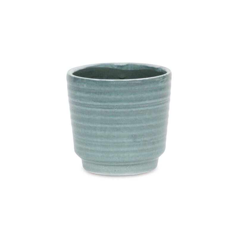 HomeRoots Green Ceramic 23 Ounce Striped Round Distressed Pot Planter - 4.50 in. x 4.25 in. x 4.50 in.