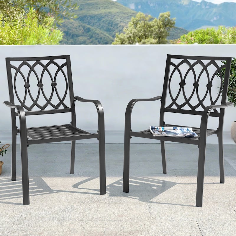 Patio 2-Piece Iron Dining Chairs with Ventilated Slatted Seat and Stackable Design