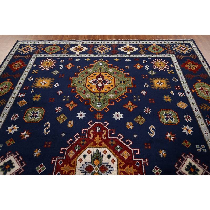 Navy Blue Geometric Kazak Oriental Area Rug Handmade Wool Carpet - 8'8" x 11'11"