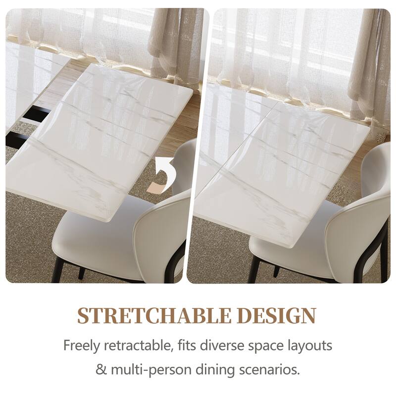 63"-94"Modern Extendable Dining Table for 6-10, Glossy White Kitchen Table with Black Carbon Steel Legs