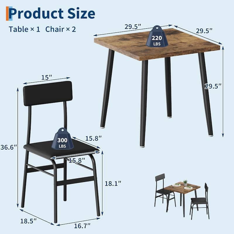 3 Piece Space-Saving Kitchen Dining Table Set for 2 for Small Space