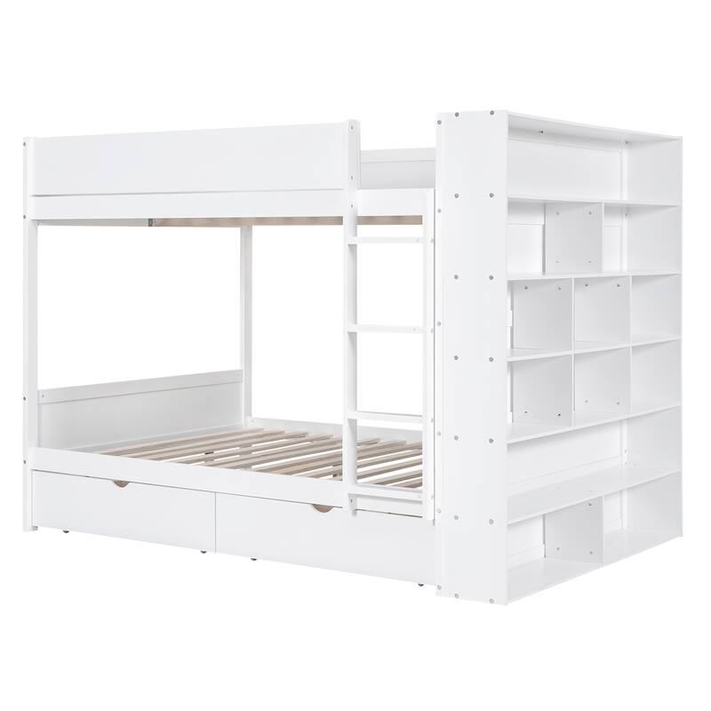 Full over Full Bunk Bed with Drawers and Cabinet, White, Space-Saving Design