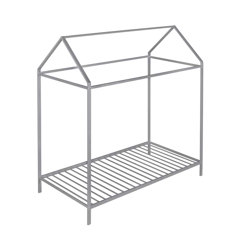 Twin Size Metal House Bed for Kids, Floor Bed Frame with Slats