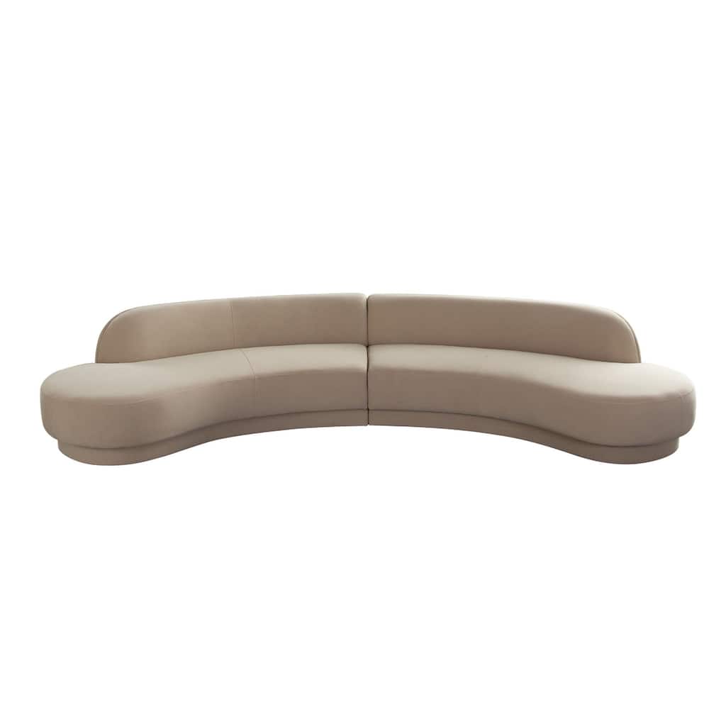 Zema 2 Piece Sofa, Curved Modular Design, Camel Brown Fabric, 2 Ball Pillows