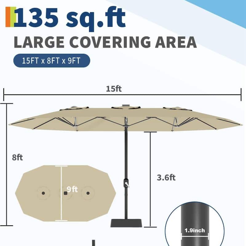 15FT Double-Sided Patio Umbrella with Base Included for Pool Lawn Garden