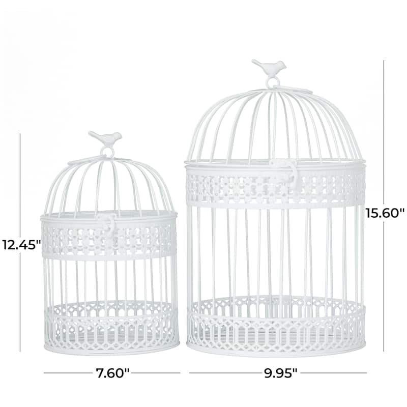 White Metal Bird Decorative Birdcage with Latch Lock Closure and Hanging Hook (Set of 2)