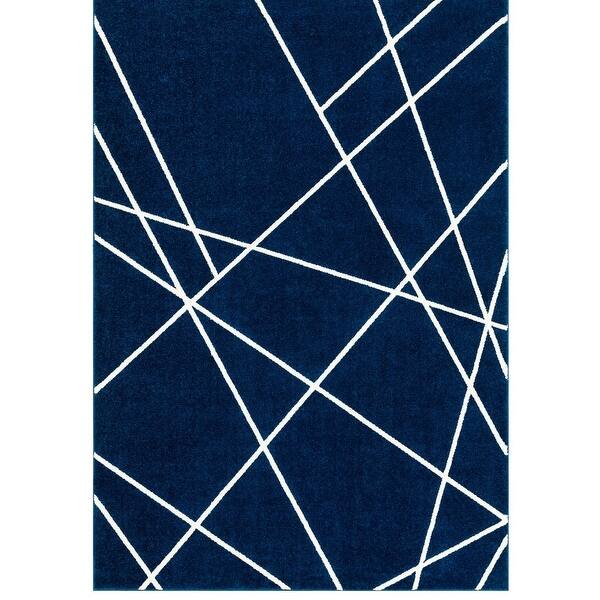 2' x 3' Geometric Pattern Navy Blue and White Rectangular Machine Woven ...