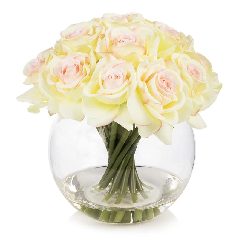 Enova Home 16 Heads Artificial Silk Rose Flowers in Round Glass Vase With Faux Water For Home Wedding Decoration - champagne