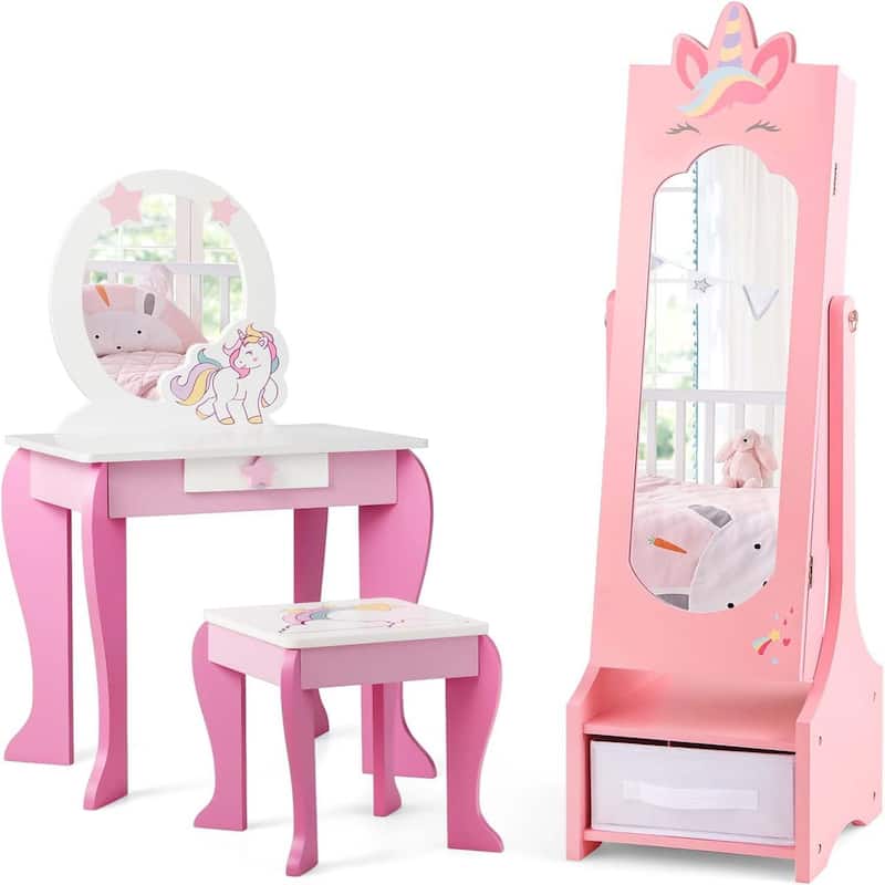 Kids Jewelry Cabinet Standing Armoire Organizer W/Storage Drawers - Pink