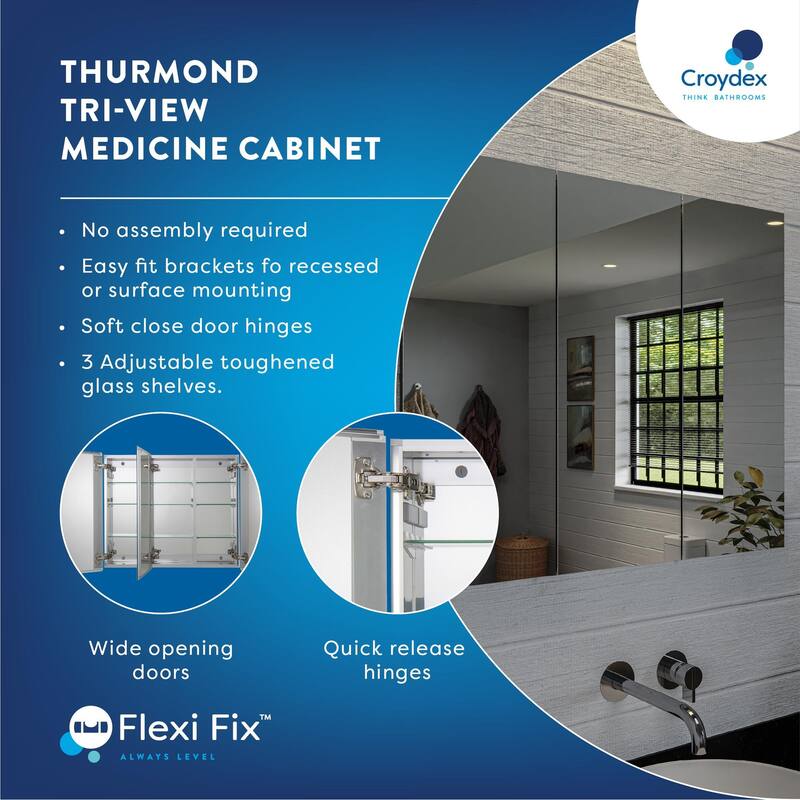Croydex Thurmond Silver Triple Door Aluminum Medicine Cabinet, Easy Install, Surface Mount or Recessed 30W x 26H
