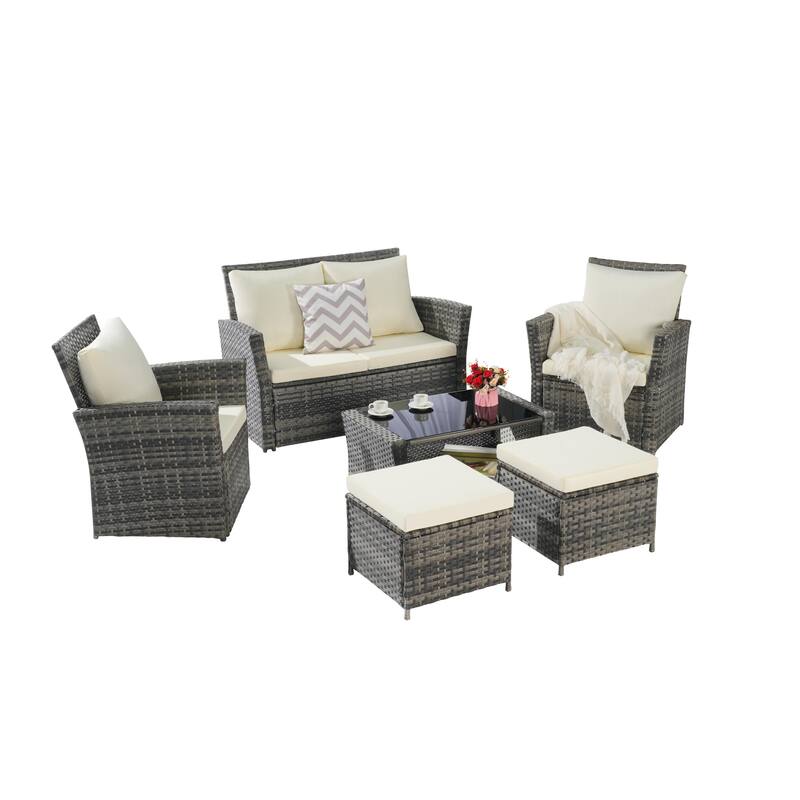 6-Piece Outdoor Patio Rattan Conversation Sofa Set with Tempered Glass Coffee Table