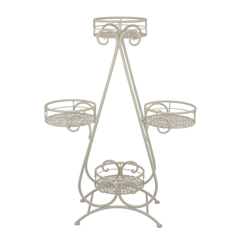 Shin Plant Stand with 4 Drainable Pots, Classic White Metal 33 Inch